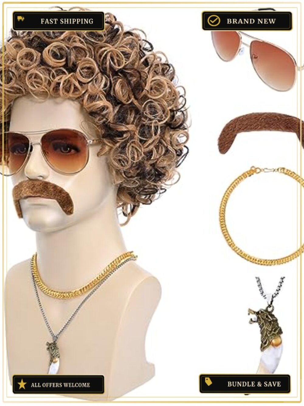6pc 70s 80s Disco Wig Set Mustache Glasses Chain Necklace Synthetic Hair